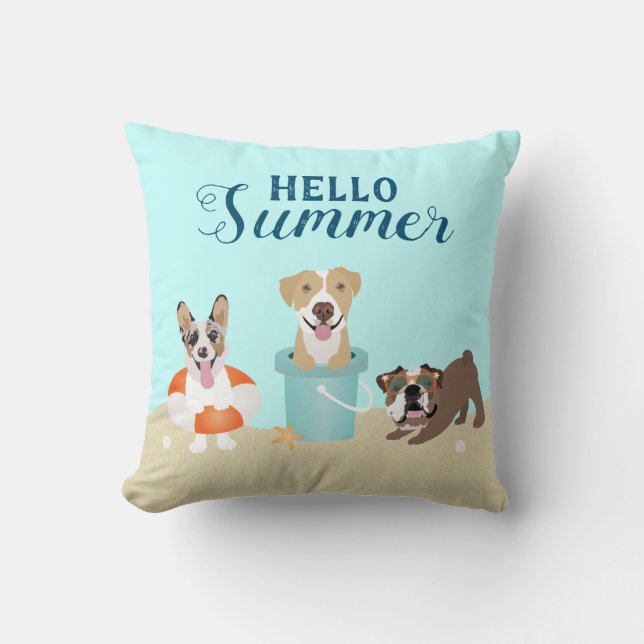 Hello Summer Beach Dogs Throw Pillow (Front)