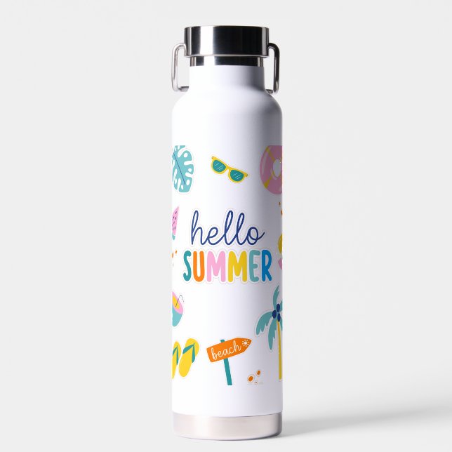 Hello Summer Beach Fun Retro Design Water Bottle (Front)