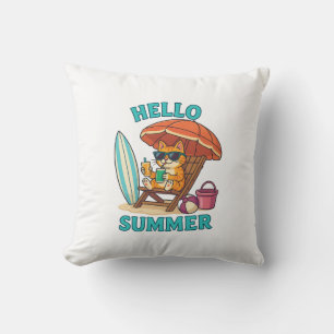 Hello Summer Cat T-Shirt – Cute Cartoon Beach Gift Throw Pillow
