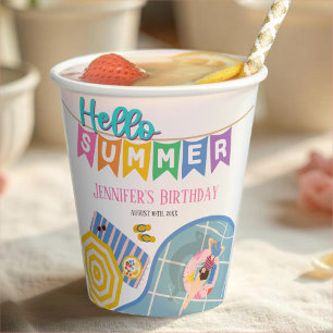Hello Summer Colourful Banner Pool Party Birthday Paper Cups