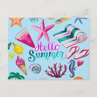 Hello Summer Colourful Beach Ocean Themed Postcard