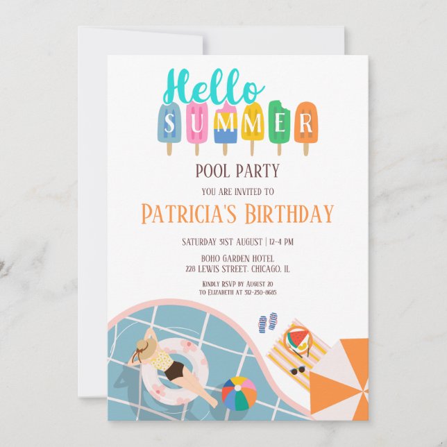 Hello Summer Colourful Ice Creams Pool Party Bday Invitation (Front)