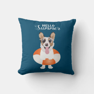 Hello Summer Corgi Beach Dogs Throw Pillow