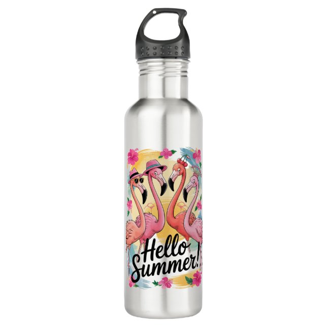Hello Summer Cute Flamingo Beach Vacation Tropical 710 Ml Water Bottle (Front)