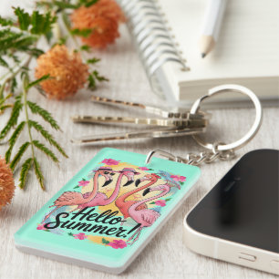 Hello Summer Cute Flamingo Beach Vacation Tropical Keychain