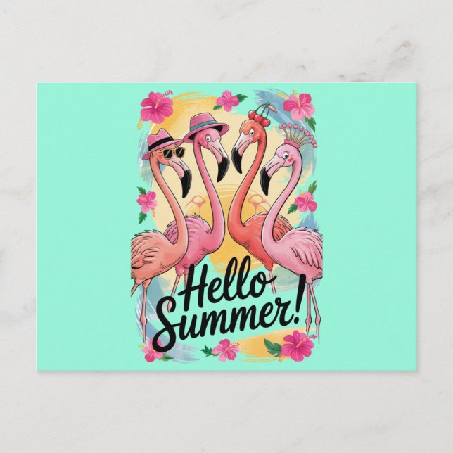 Hello Summer Cute Flamingo Beach Vacation Tropical Postcard (Front)