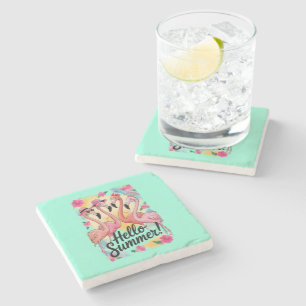 Hello Summer Cute Flamingo Beach Vacation Tropical Stone Coaster