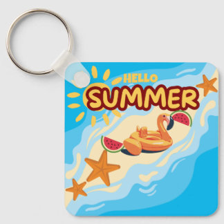 Hello Summer Flamingo Beach  Keychain