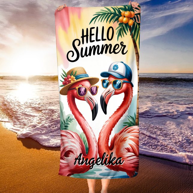 Hello Summer Funny Flamingos Tropical Vacation Beach Towel (Creator Uploaded)