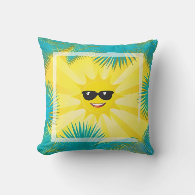 Hello Summer! Happy Sun Smiley Tropical palm frame Throw Pillow (Front)