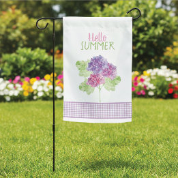 Hello Summer Hydrangeas Gingham Garden Flag