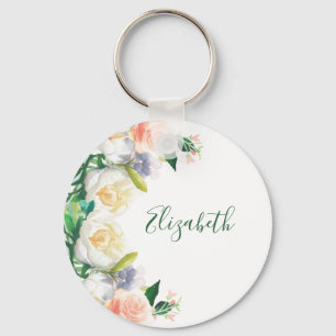 Hello Summer lush florals white coral peach garden Keychain
