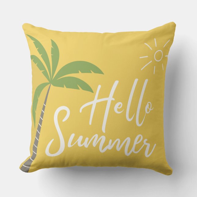 Hello Summer Palm tree and Sun Yellow Throw Pillow (Front)