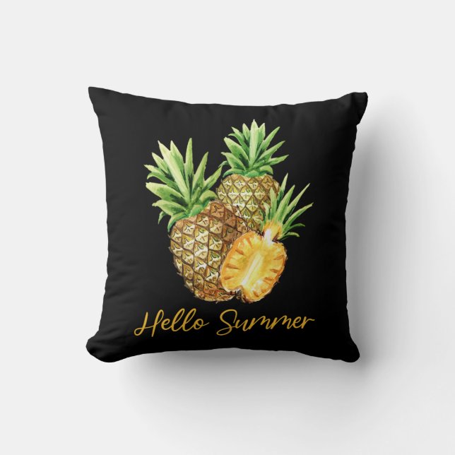 Hello Summer Pineapple Tropical Fruit Throw Pillow (Front)
