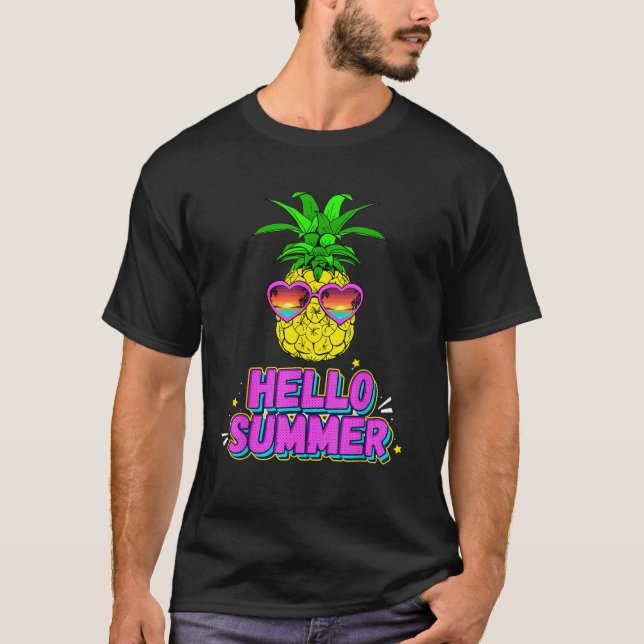 Hello Summer Pineapple With Sunglasses Beach T-Shirt (Front)
