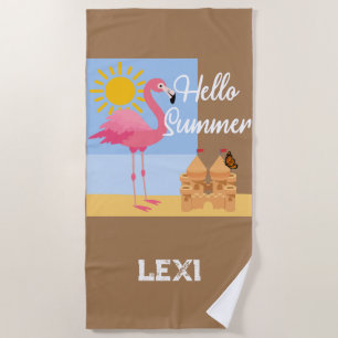 Hello Summer Pink Flamingo Design - Beach Towel