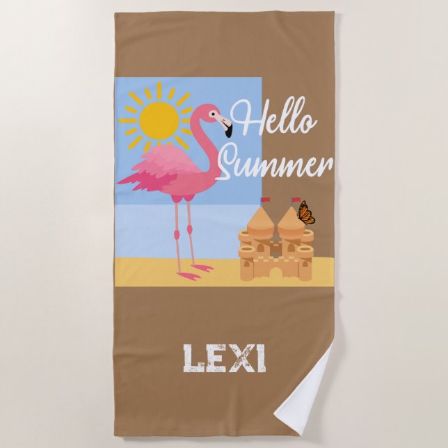 Hello Summer Pink Flamingo Design - Beach Towel (Front)