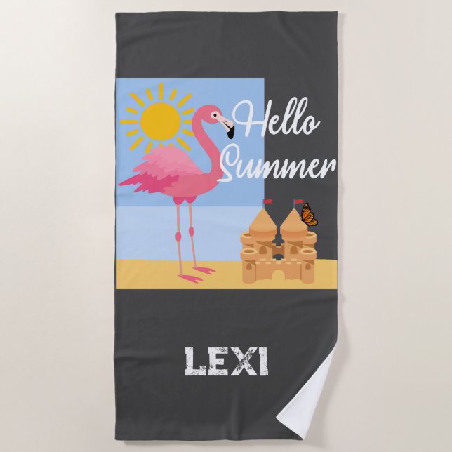 Hello Summer Pink Flamingo Design - Beach Towel (Front)