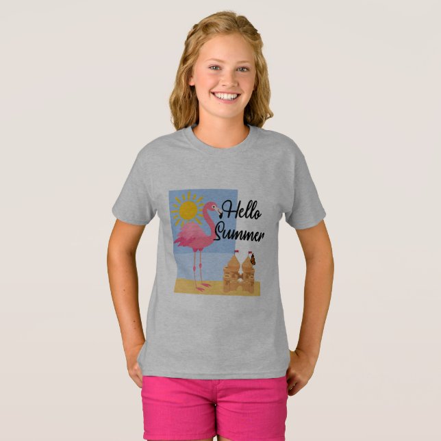 Hello Summer Pink Flamingo Design - Girls' Basic T T-Shirt (Front Full)