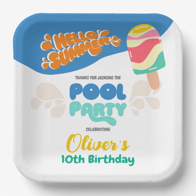 Hello Summer! Pool Party Invitation Paper Plate (Front)