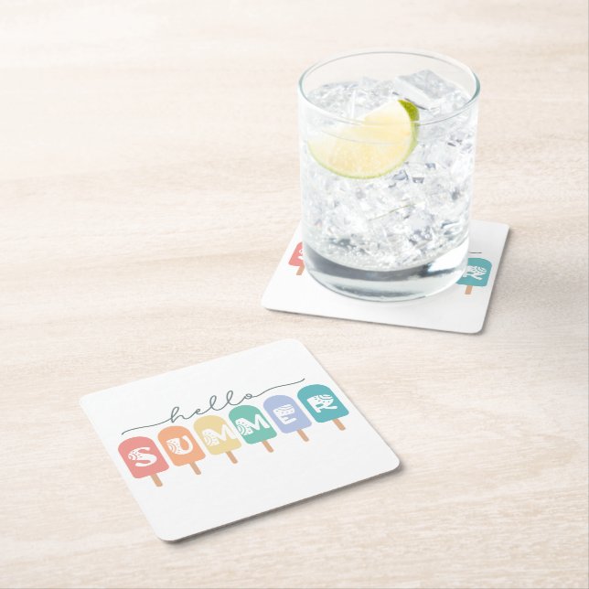 Hello Summer Popsicle Colourful Square Paper Coaster (Insitu)