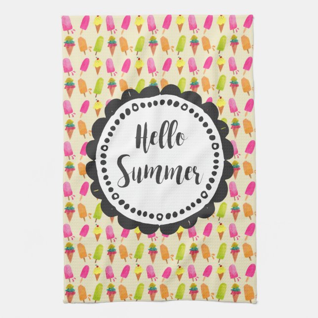 Hello Summer Popsicles and Ice Cream Kitchen Towel (Vertical)