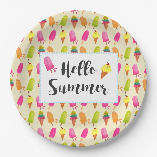 Hello Summer Popsicles and Ice Cream Paper Plate (Front)