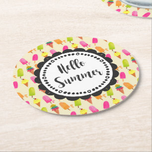 Hello Summer Popsicles and Ice Cream Round Paper Coaster