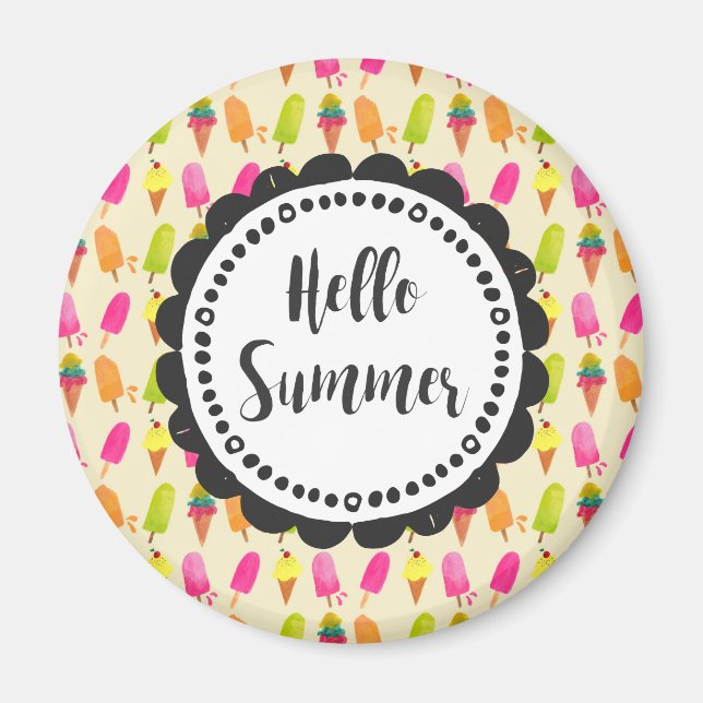 Hello Summer Popsicles and Ice Cream Typography Magnet (Front)