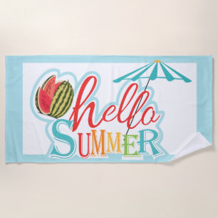 Hello Summer Quote Beach Umbrella Watermelon Blue  Towel