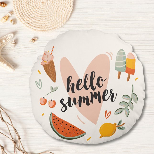 Hello Summer Quote Colourful Cute Nursery Kids Round Pillow (In situ)