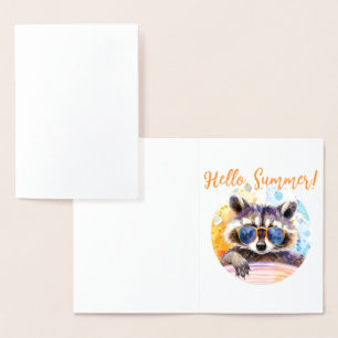 Hello Summer Raccoon in sunglasses Watercolor Foil Card