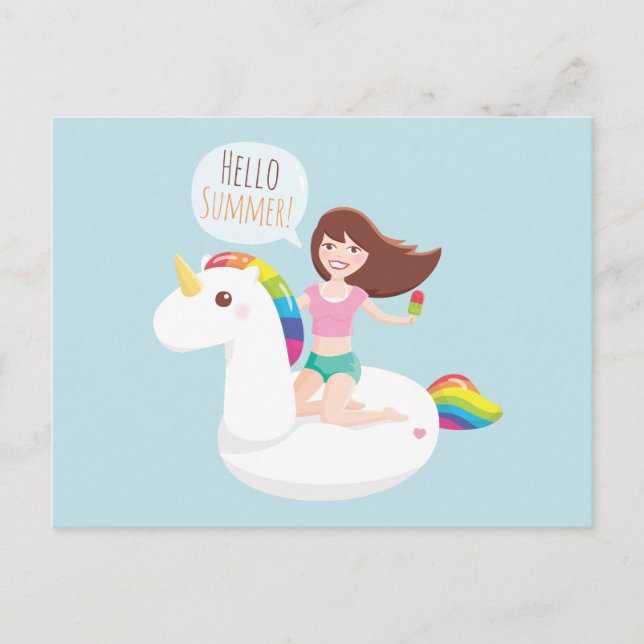 Hello Summer Rainbow Unicorn Pool Float Postcard (Front)