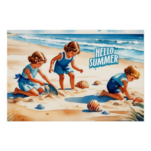 Hello Summer Retro Children Playing on a Beach  Poster