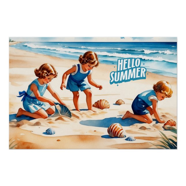Hello Summer Retro Children Playing on a Beach  Poster (Front)