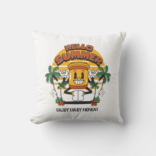 Hello Summer Retro Mascot Throw Pillow (Front)