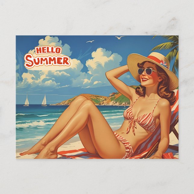 Hello Summer Retro Woman on the Beach  Postcard (Front)