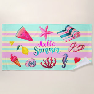 "Hello Summer" sea and summer watercolor striped Beach Towel