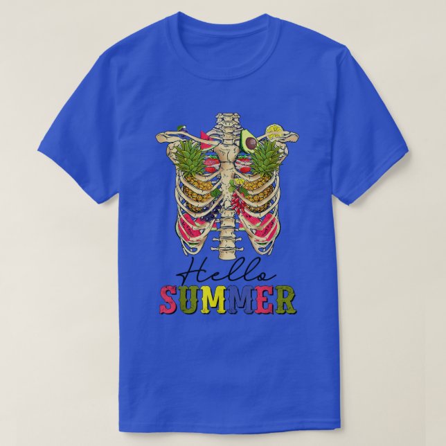 Hello Summer Skeleton Flower Watermelon Beach Trop T-Shirt (Design Front)
