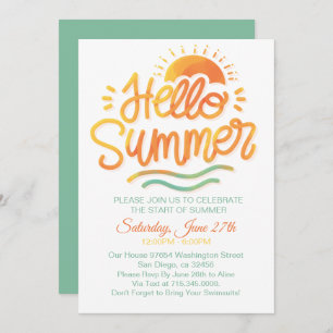 Hello Summer Sun Orange Pool Party Invitation