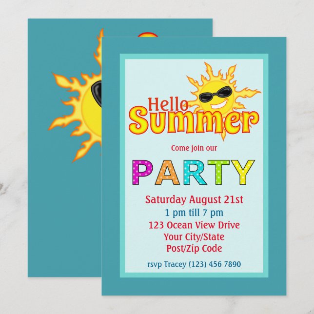 Hello Summer Sun Party Invitation (Front/Back)
