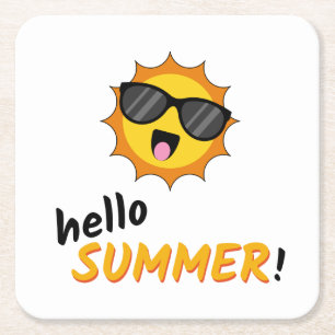 Hello Summer Sun with Sunglasses Square Paper Coaster
