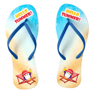 Hello Summer Sunbathing Penguin Flip Flops