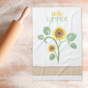 Hello Summer Sunflower Gingham Kitchen Towel