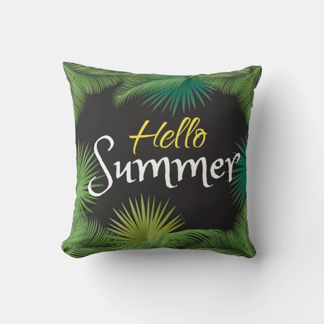 Hello Summer Tropical Palm Green Leafs Beach party Throw Pillow (Front)