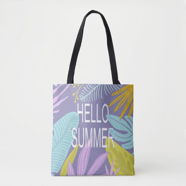 Hello Summer Tropical Pastel Leaves Tote Bag (Front)