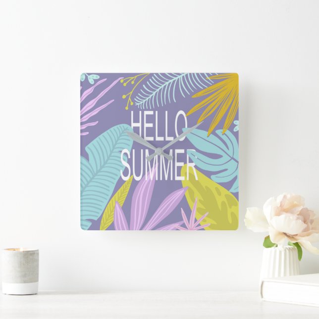 Hello Summer Tropical Purple Square Wall Clock (Home)
