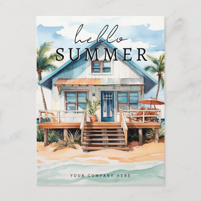 Hello Summer Watercolor Beach House Realty Postcard (Front)