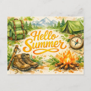 Hello Summer Watercolor Camping and Hiking Postcard