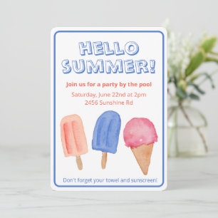 Hello Summer Watercolor Popsicle Party Invitation